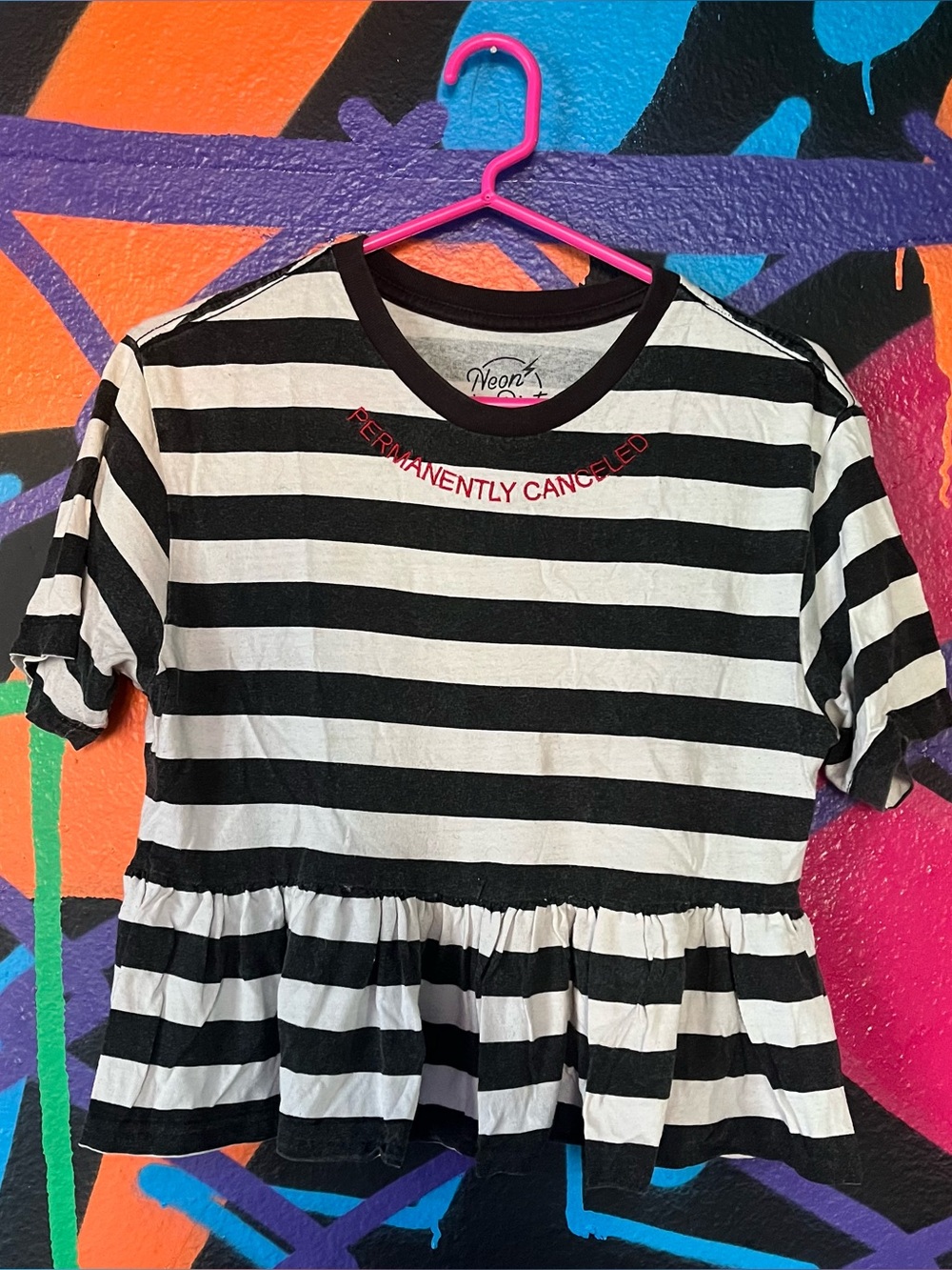 ★ Neon Riot "Permanently Cancelled" Black & White Striped Flair Waist T-Shirt ★